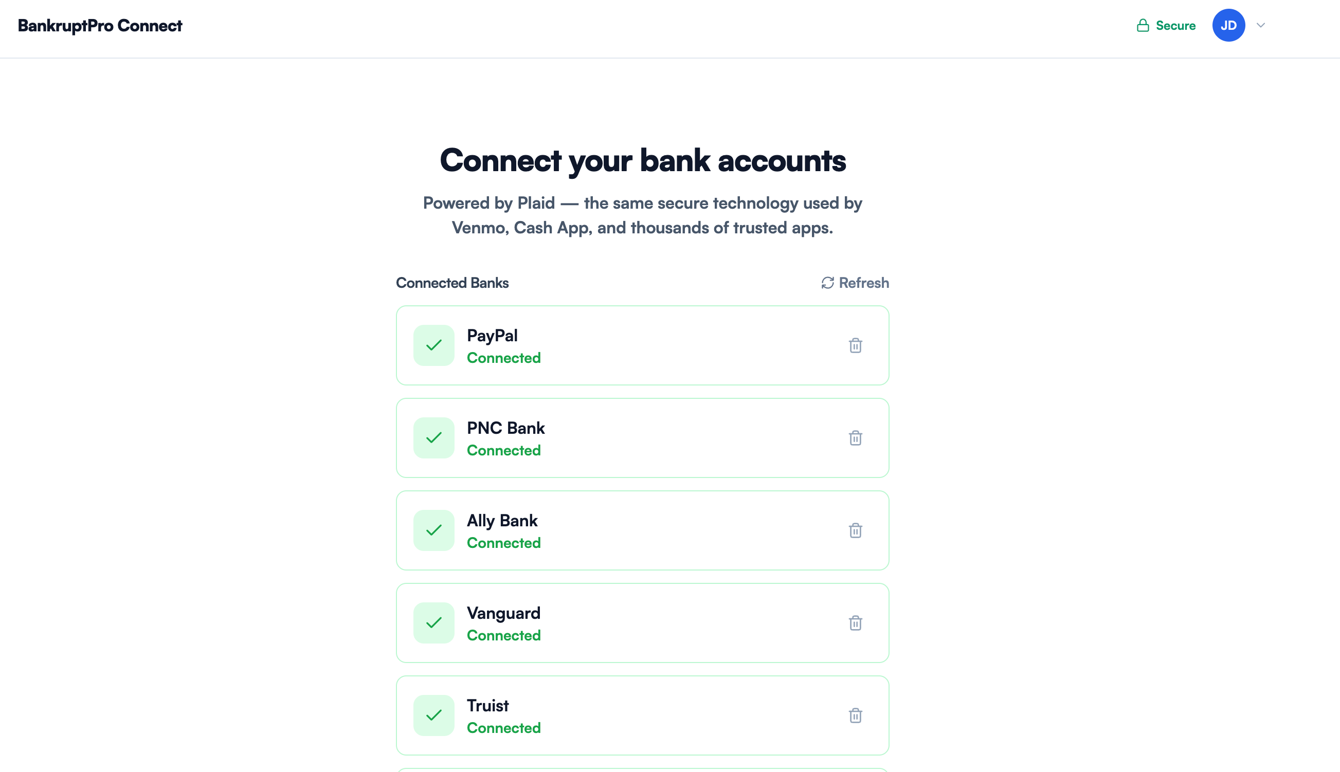 Client-facing connect your bank accounts screen with multiple connected institutions