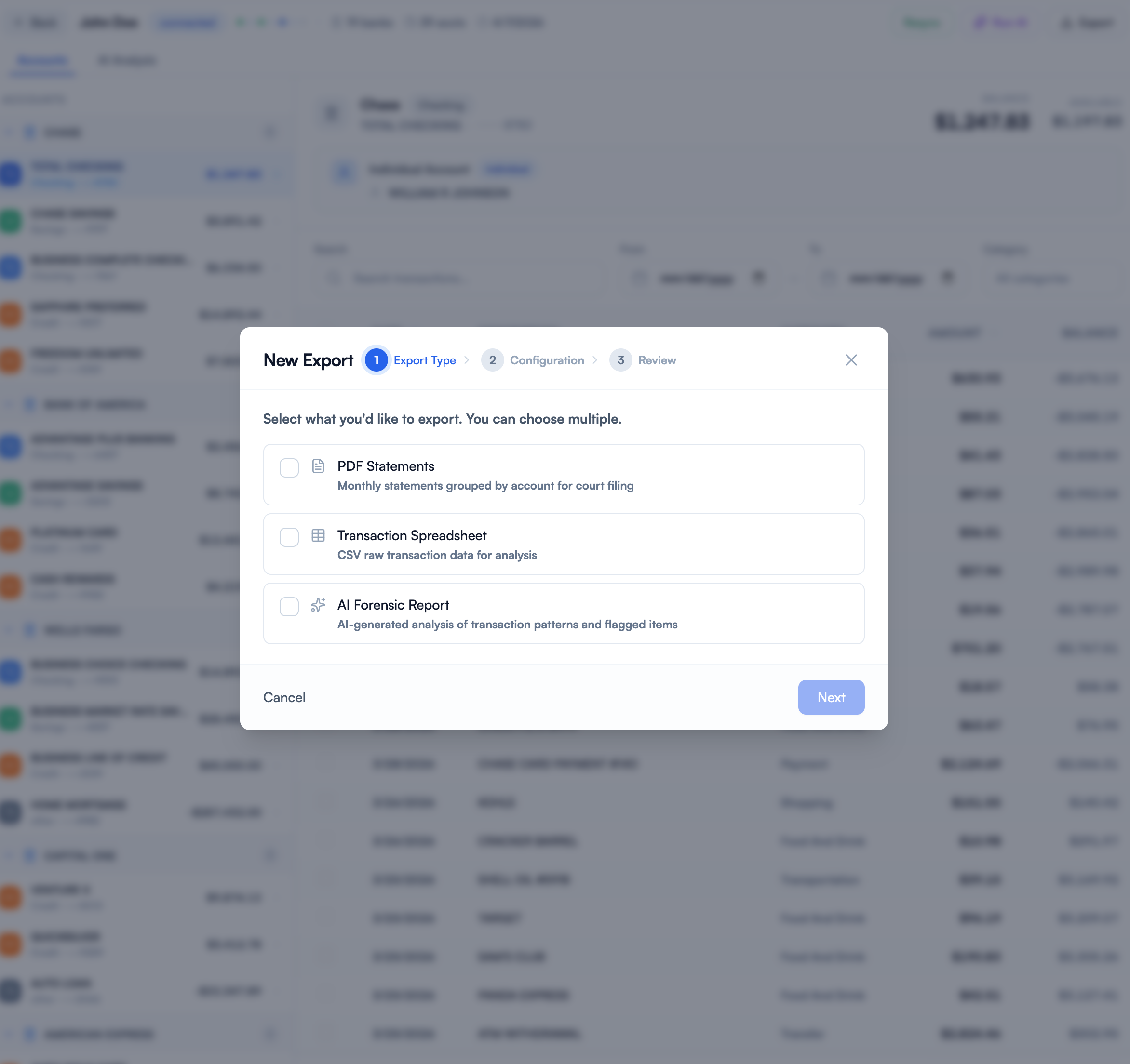 Export wizard step 1: choose between PDF statements, transaction spreadsheet, or AI forensic report