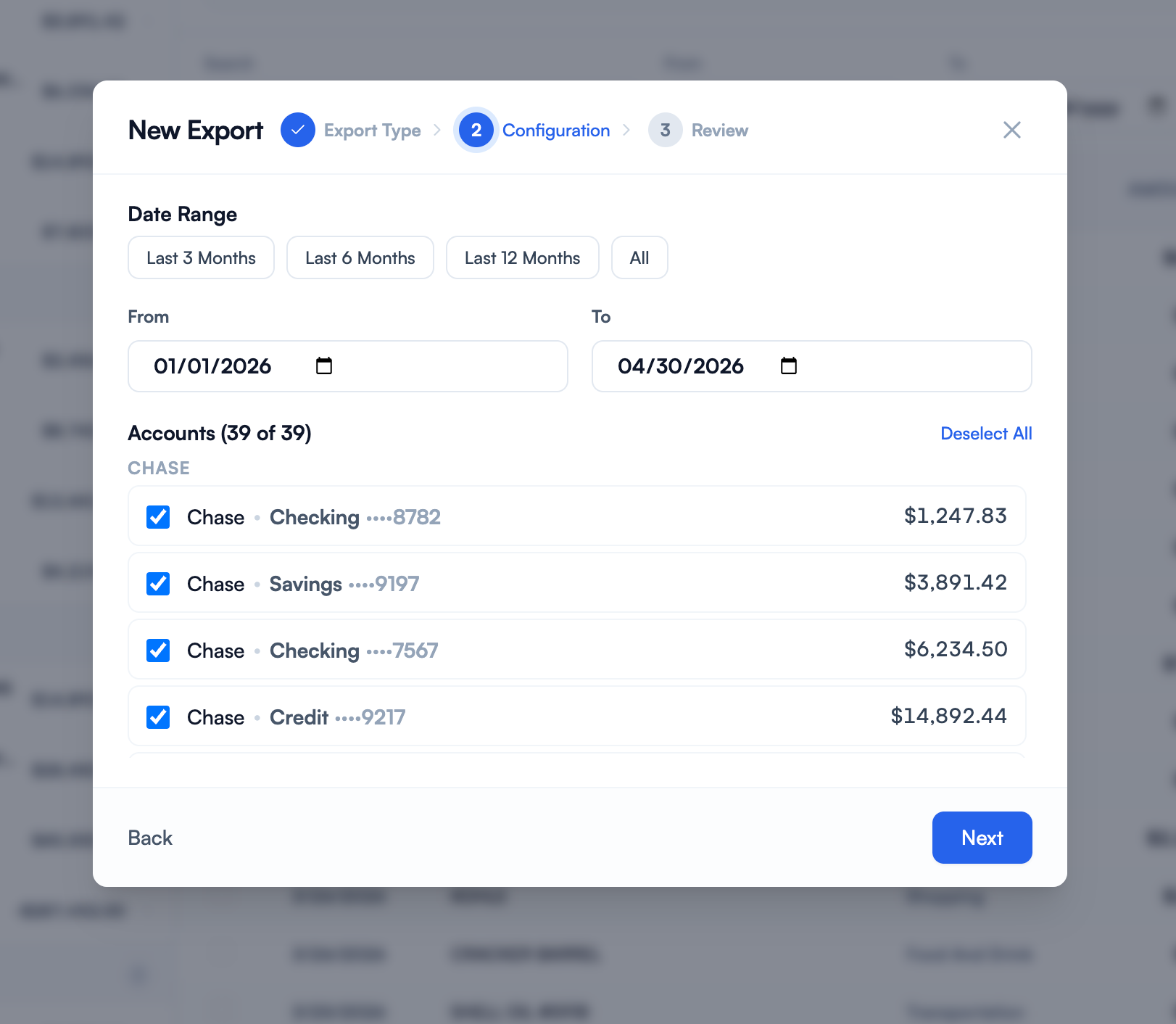 Export wizard step 2: select date range and per-account picker