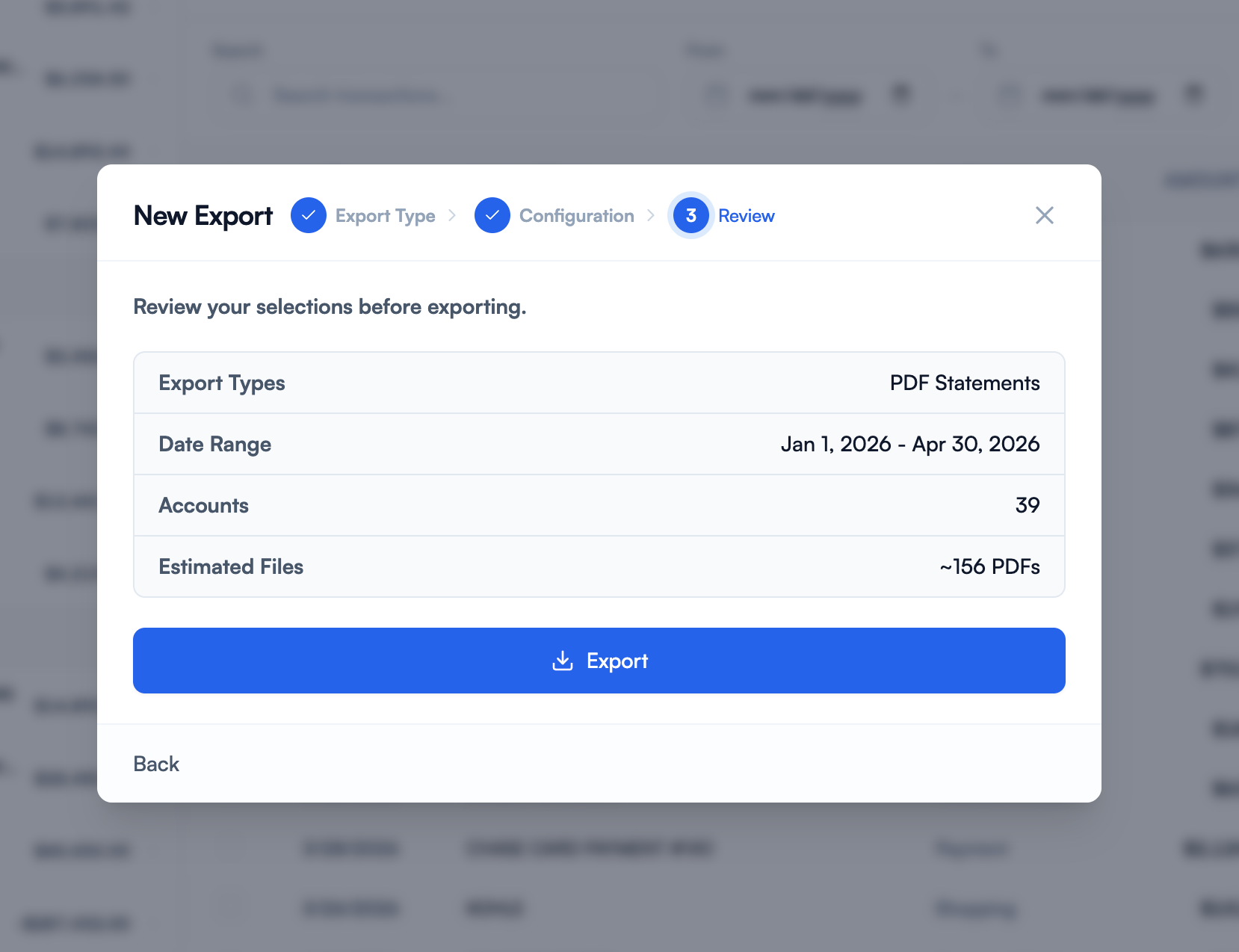 Export wizard step 3: review selections before generating ~156 PDFs