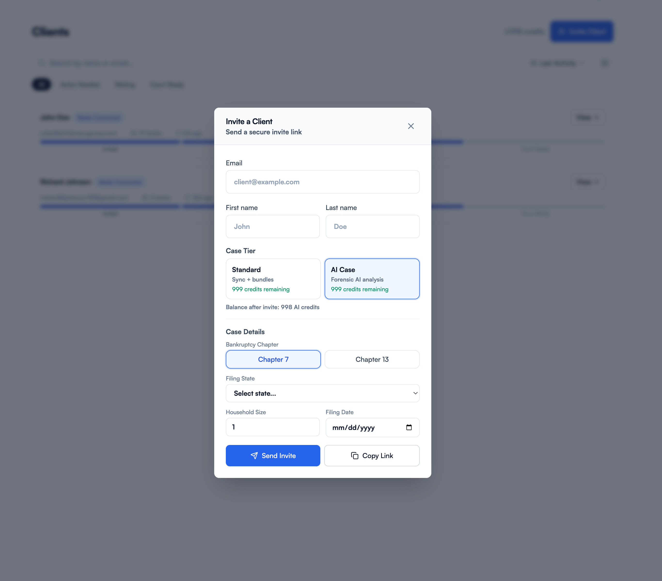 Invite client modal with case tier selection, bankruptcy chapter, filing state, and filing date