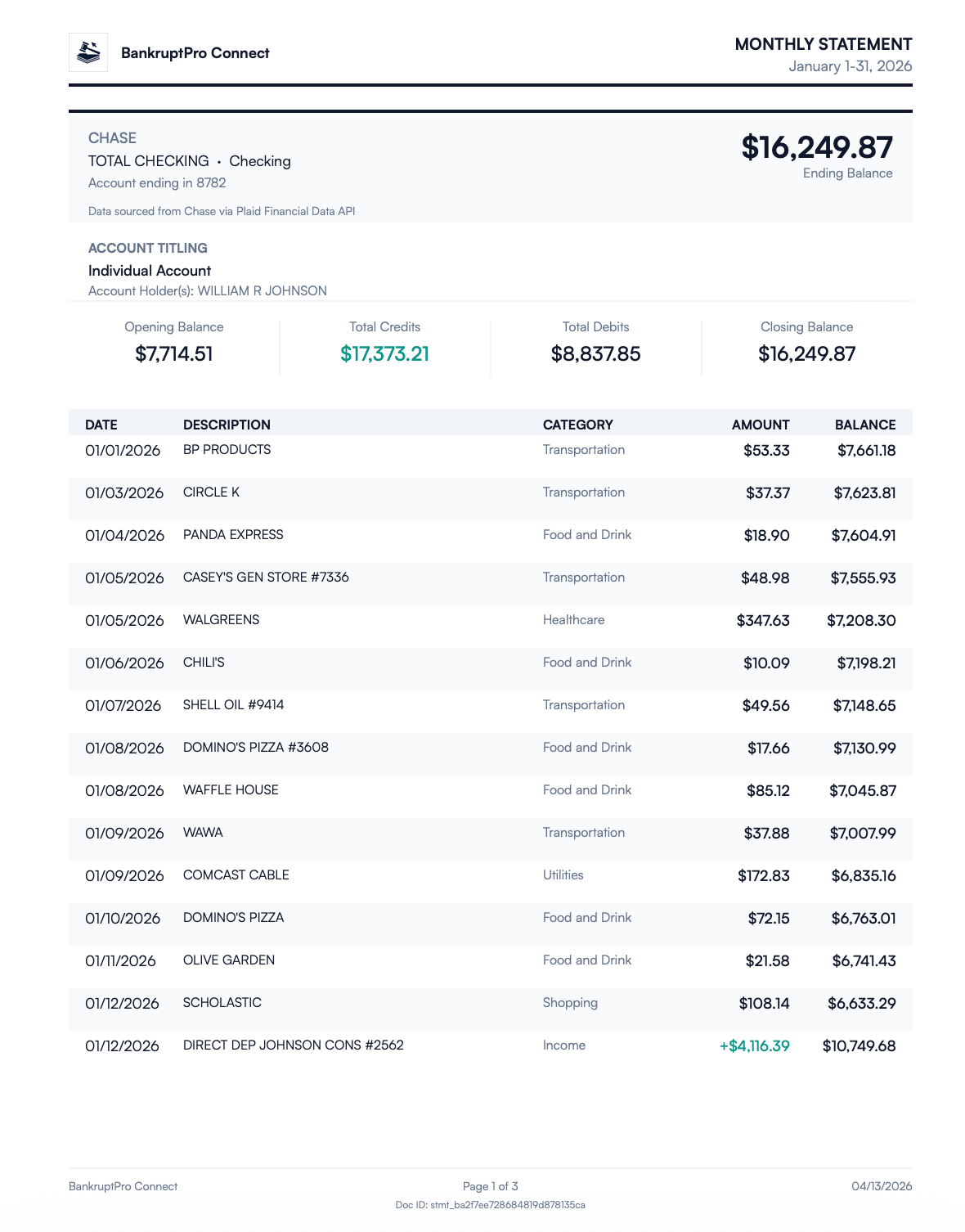 Court-ready monthly statement PDF with full transaction history